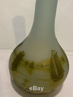 10.5 Daum Nancy Cameo Enamel Glass Vase, Romania TIP Ship And Sailing Theme