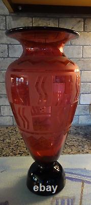 13 1989 LE #130/200 Correia Cameo Glass Sand Carved Geometric Ruby Black Vase