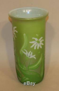 1980 Orient & Flume Sillars Green Cameo Glass Acid Etched Vase with Flowers & Bees