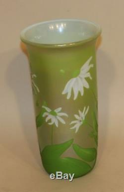 1980 Orient & Flume Sillars Green Cameo Glass Acid Etched Vase with Flowers & Bees
