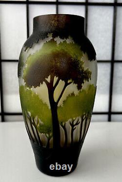 1990's Landscape Art Acid Cut Cameo Art Glass Vase w Beautiful Foliage Signed 8