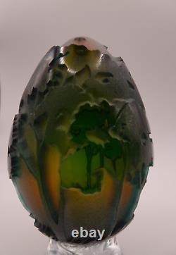 1993 Kelsey Pilgrim Glass Cameo Thick Sand Carved Forest Trees Egg Shaped