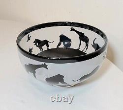 1999 Lmt Ed. Correia amethyst cameo art glass frosted footed animal zoo bowl
