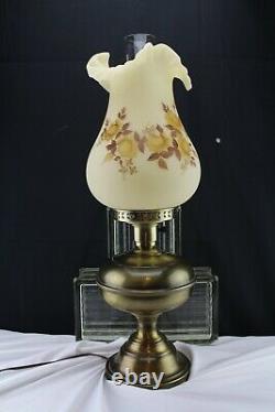23 Vintage Fenton Glass Brass Student/Table Lamp Cameo Chocolate Roses F Burton