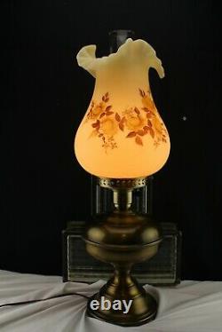 23 Vintage Fenton Glass Brass Student/Table Lamp Cameo Chocolate Roses F Burton