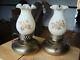 2 Fenton Hand Painted Roses on Cameo Satin Electric Lamps Signed