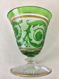 2 Rare Antique Saint Louis Apple Green Gold Cameo Crystal Cordial Sherry Glasses