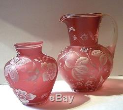 2vintage Czech Bohemian Floretene Florentine enamel cameo art glass vase pitcher