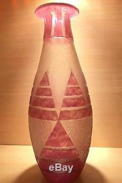 32cm 12.5 DEGUE Art Glass Cameo Vase France Signed ART DECO Awesome Geometric