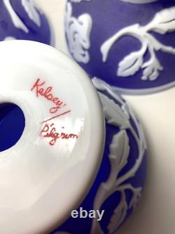 3 Pc Kelsey/Pilgrim Glass Cobalt Sand Carved Cameo Rose Bowl Pendant Lamp Shade