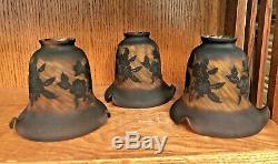 3 Vintage ACID ETCHED Floral FRENCH GALLE Style CAMEO ART GLASS Lampshades