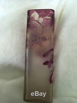 7.5 x 2-3/8 Signed Legras Cameo Glass Vase c1920 French Art Nouveau Red Leaves