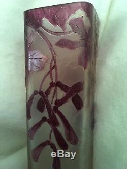 7.5 x 2-3/8 Signed Legras Cameo Glass Vase c1920 French Art Nouveau Red Leaves