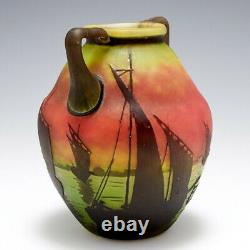A Daum Twin Handled Cameo Glass Vase of Sailboats at Sunset c1910
