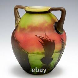 A Daum Twin Handled Cameo Glass Vase of Sailboats at Sunset c1910