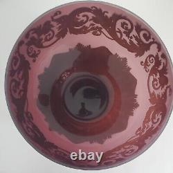 Acid Etched MCM Burgundy Red Cameo Art Glass Bowl Acanthus Leaves Design D 11