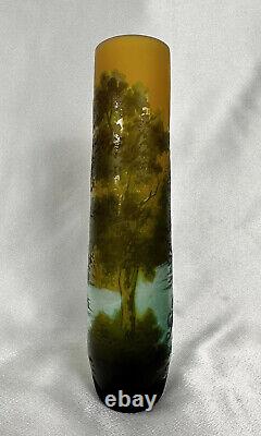 Antique 8.5 Emile Galle Cameo Glass Cabinet Vase Forest By The Lake Scene