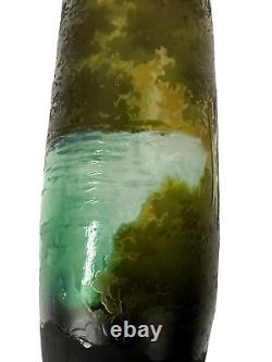 Antique 8.5 Emile Galle Cameo Glass Cabinet Vase Forest By The Lake Scene