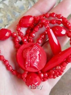 Antique Art Deco Czech Necklace Hand Faceted Red Beads With Neiger Style Cameo
