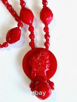 Antique Art Deco Czech Necklace Hand Faceted Red Beads With Neiger Style Cameo