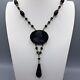 Antique Art Deco Mourning Cameo Black Jet Glass Beaded Dangle Necklace 16.5