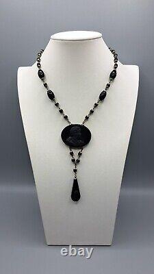 Antique Art Deco Mourning Cameo Black Jet Glass Beaded Dangle Necklace 16.5