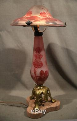 Antique Art Deco Table Lamp LaVerre Francais Cameo Glass with Bronze Base