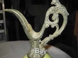 Antique Art Nouveau Cast Iron Bronze Lady Cameo Satin Glass Mantel Ewer Urn Vase