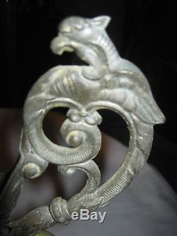 Antique Art Nouveau Cast Iron Bronze Lady Cameo Satin Glass Mantel Ewer Urn Vase