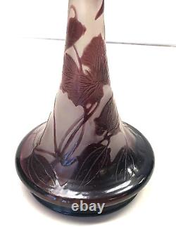 Antique Art Nouveau Emile Gallé acid etched cameo vase with Purple Leaves damage