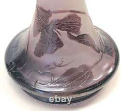 Antique Art Nouveau Emile Gallé acid etched cameo vase with Purple Leaves damage