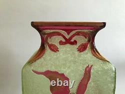 Antique Baccarat Stunning Cameo Acid Etch Glass Vase Green To Pink Iris Orchid