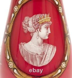 Antique Bohemian Art Glass Vase with Enamel Classical Cameo Portrait c1880