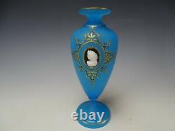 Antique Bohemian Blue Opaline Relief Cameo Beauty Hand Painted Gilt Glass Vase