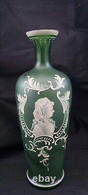 Antique Bohemian Enameled Florentine Cameo Art Lady Portrait Green Glass Vase