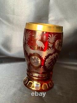Antique Bohemian Etched Cranberry to Clear Cameo Art Glass Vase Biedermeier