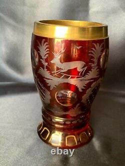 Antique Bohemian Etched Cranberry to Clear Cameo Art Glass Vase Biedermeier
