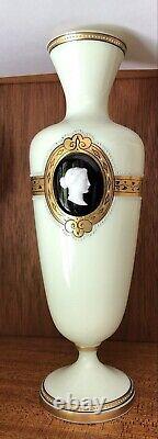 Antique Bohemian glass vase with white cameo relief on black glass plaque- Czech