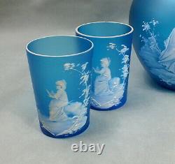 Antique CAMEO Art Glass BLUE SATIN FROSTED Hand Painted PITCHER & GLASSES