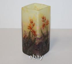 Antique Cameo Art Glass square Vase with Enameled Floral Design Daum Nancy