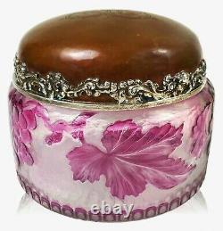 Antique Cameo Glass J. E. Caldwell Lidded Jar, Hammered Copper & Sterling Silver