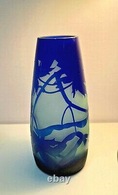 Antique Cameo Glass Vase by D' Argental Branches, Leaves, and Pods in Blues