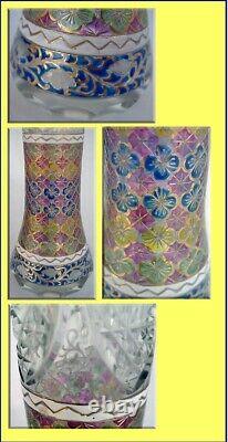 Antique Cut glass Vase w Etching and Colored Enamel Bohemian (2680)