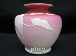 Antique Elegant Cameo Glass Vase Red To Pink Glass Carved White Morning Glories