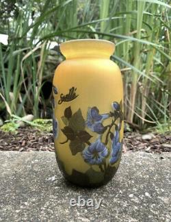 Antique Emile Galle Amber And Blue Trumpet Flower Cameo Glass Vase 7.75