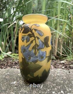 Antique Emile Galle Amber And Blue Trumpet Flower Cameo Glass Vase 7.75