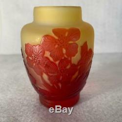Antique Emile Galle French Cameo Art Glass Signed Original Old Vase Red Flowers