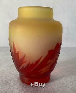 Antique Emile Galle French Cameo Art Glass Signed Original Old Vase Red Flowers