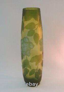 Antique Emile Galle French Cameo Green Art Glass Vase 11-3/4 Good Condition