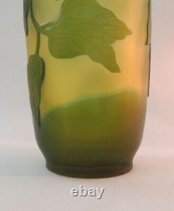 Antique Emile Galle French Cameo Green Art Glass Vase 11-3/4 Good Condition